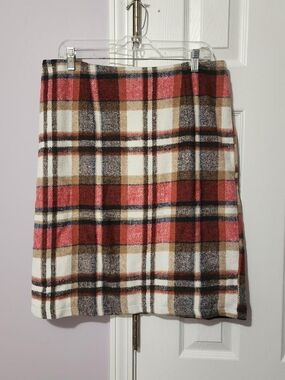 Plaid A-Line Knee Length Skirt in Cream and Coral